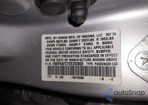 2013 Honda Civic Hybrid z USA, uszkodzony, nr VIN 19XFB4F27DE202805